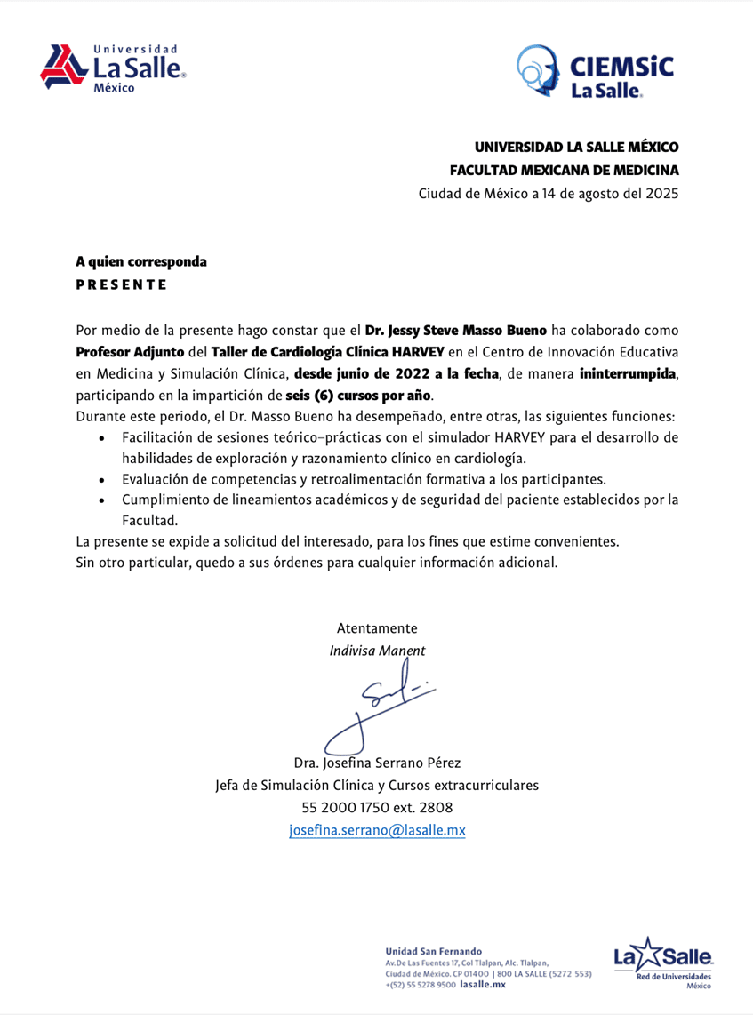 Certificado o constancia 1 del Dr. Steve Masso